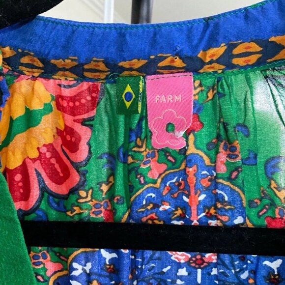 FARM RIO Green Tropical 100% Viscose Puff Sleeve Boho Blouse Sz S/P - Picture 3 of 8